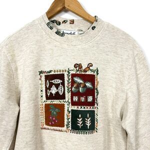 VTG 90s Half Sleeve Autumn Fall October Mock Neck Cream Sweater Leaves Nature